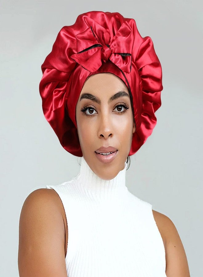 CHLINS Satin Bonnet Silk Sleep Cap Hair Bonnets for Black Women Stretchy Tie Band for Curly Hair Wrap(Black+Red) - Image 2